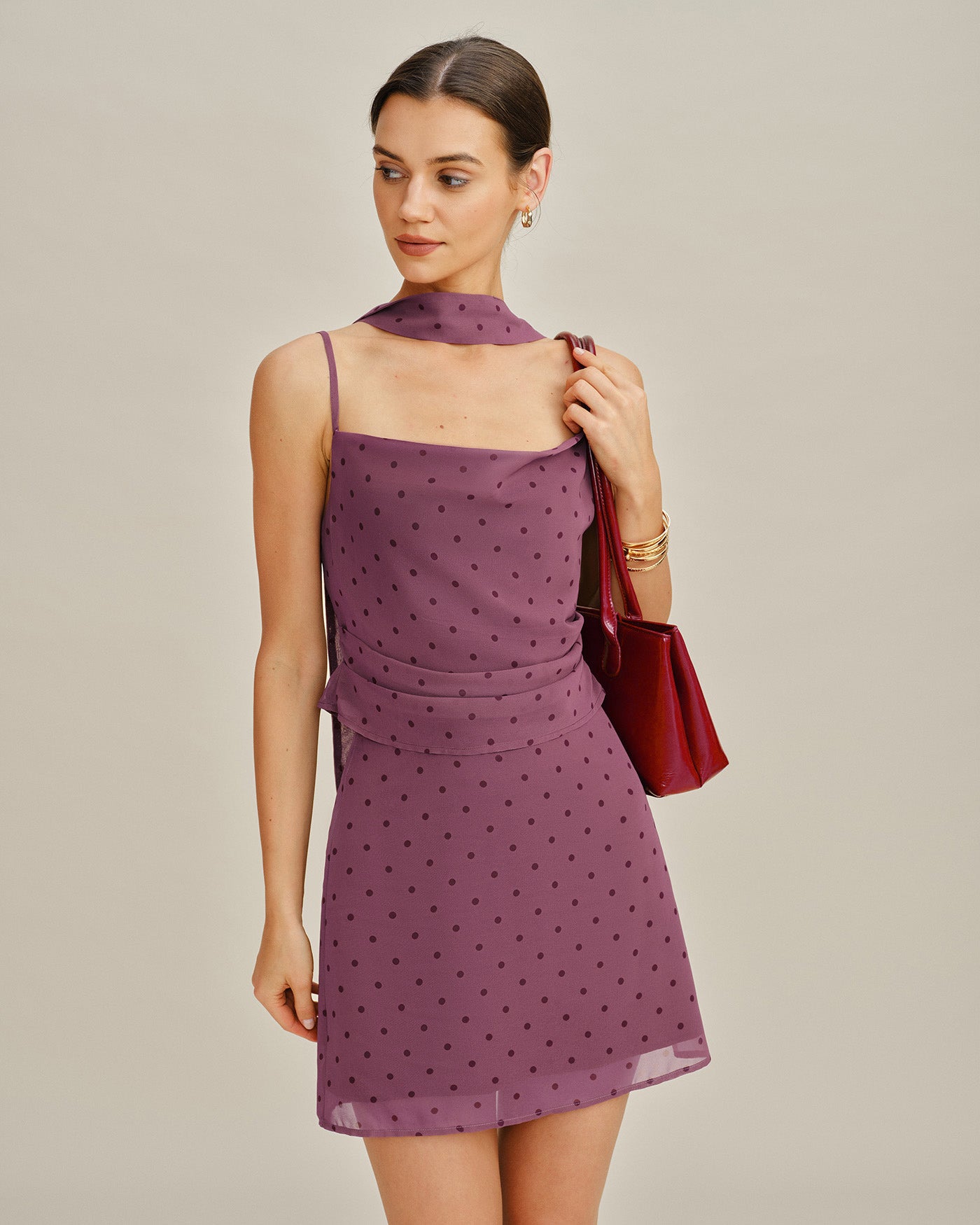 Purple Polka Dot Chiffon Mini Skirt