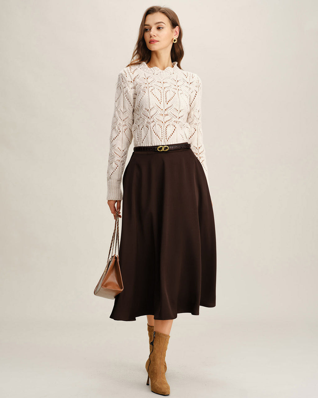 Brown A-Line Pleated Midi Skirt