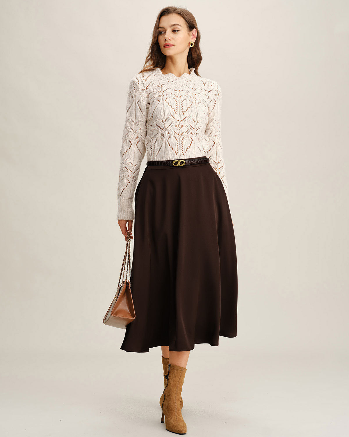 Brown A-Line Pleated Midi Skirt