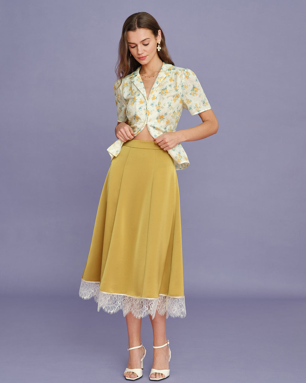 Yellow Lace Satin Midi Skirt