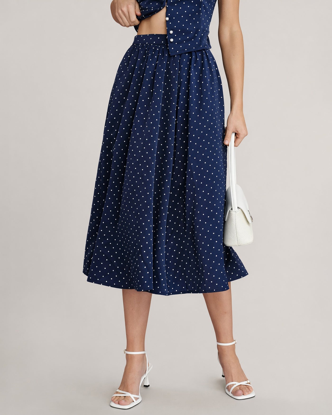 Blue Polka Dot Pockets Midi Skirt