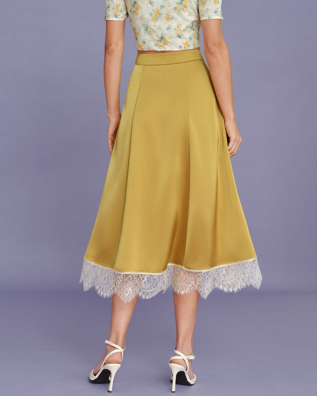 Yellow Lace Satin Midi Skirt