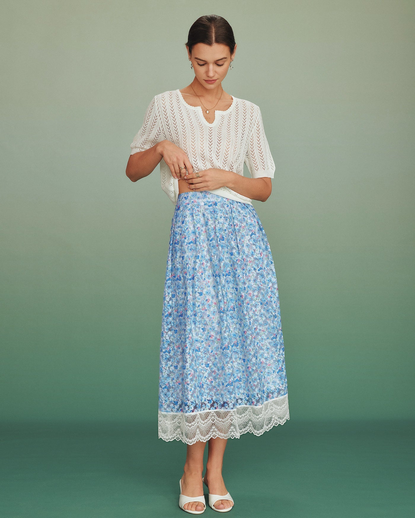 Blue Floral Lace A-Line Skirt