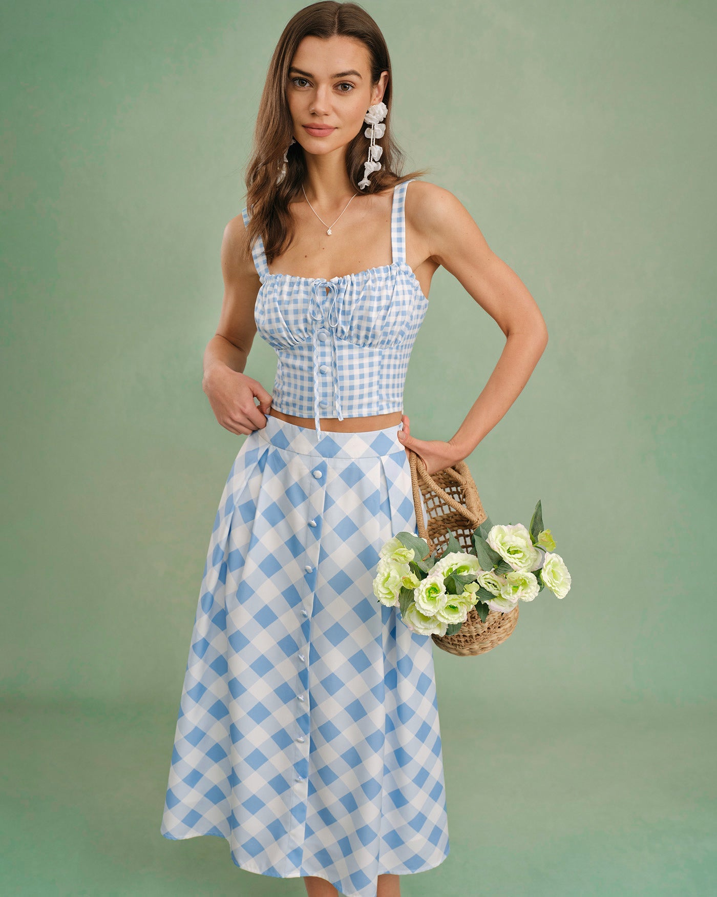 Blue Plaid Button Midi Skirt