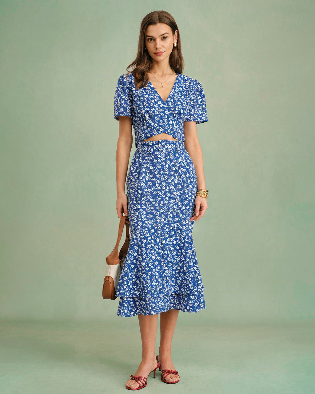 Blue Floral Mermaid Midi Skirt