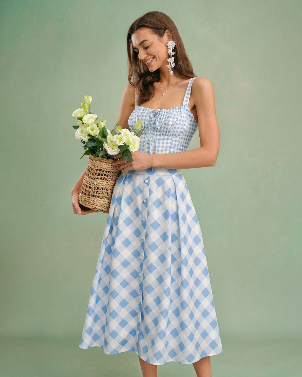 Blue Plaid Button Midi Skirt