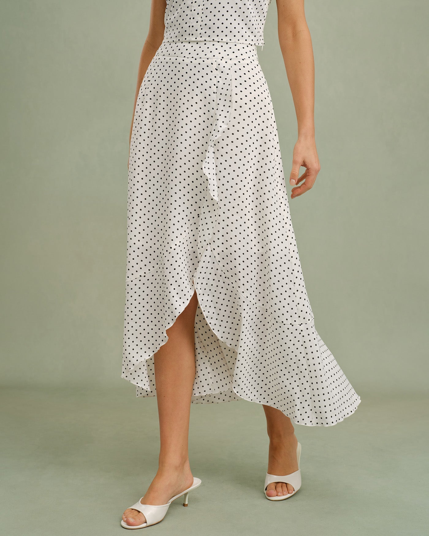 White Ruffle Polka Dot Midi Skirt