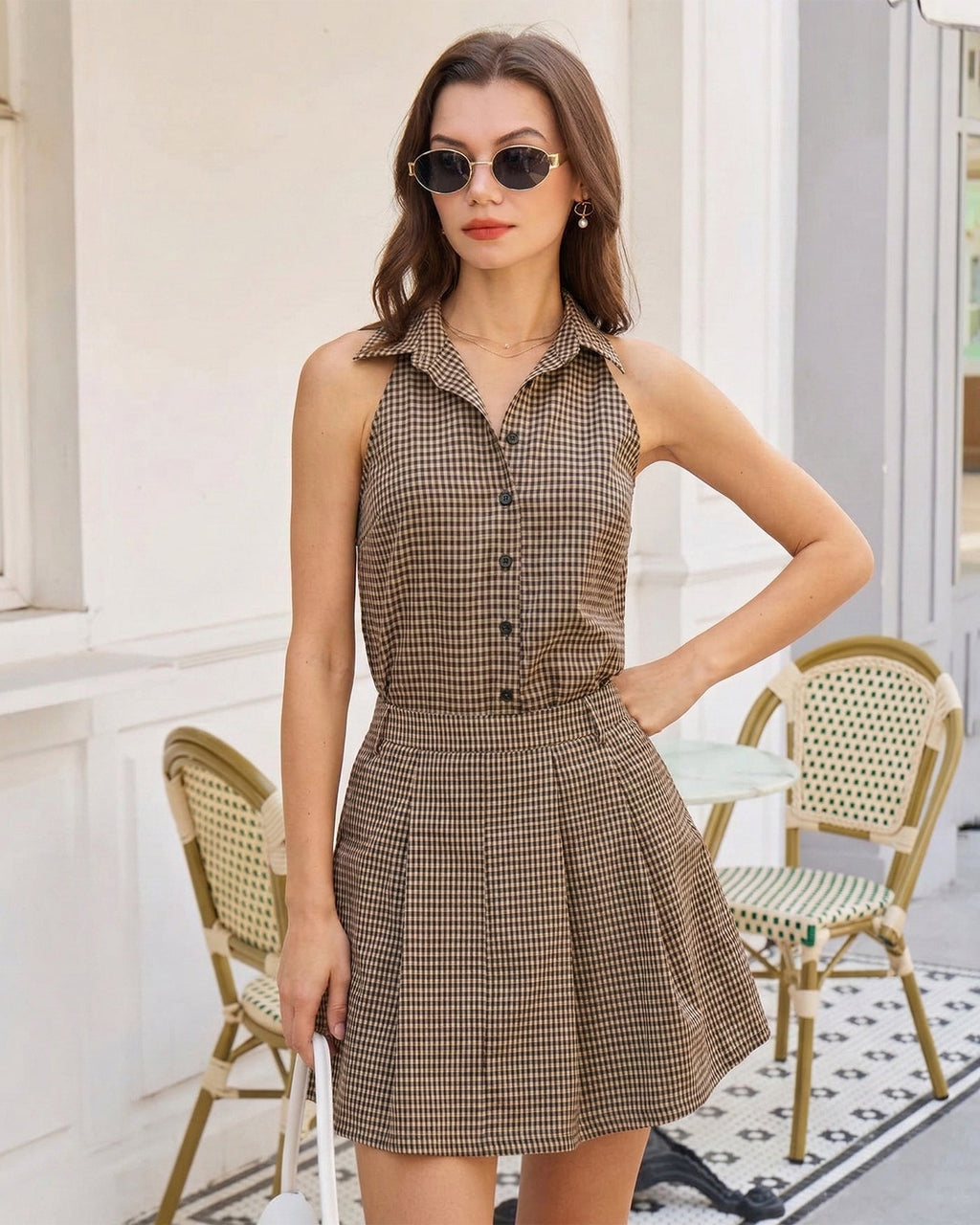 Brown Plaid Ruched Skirt