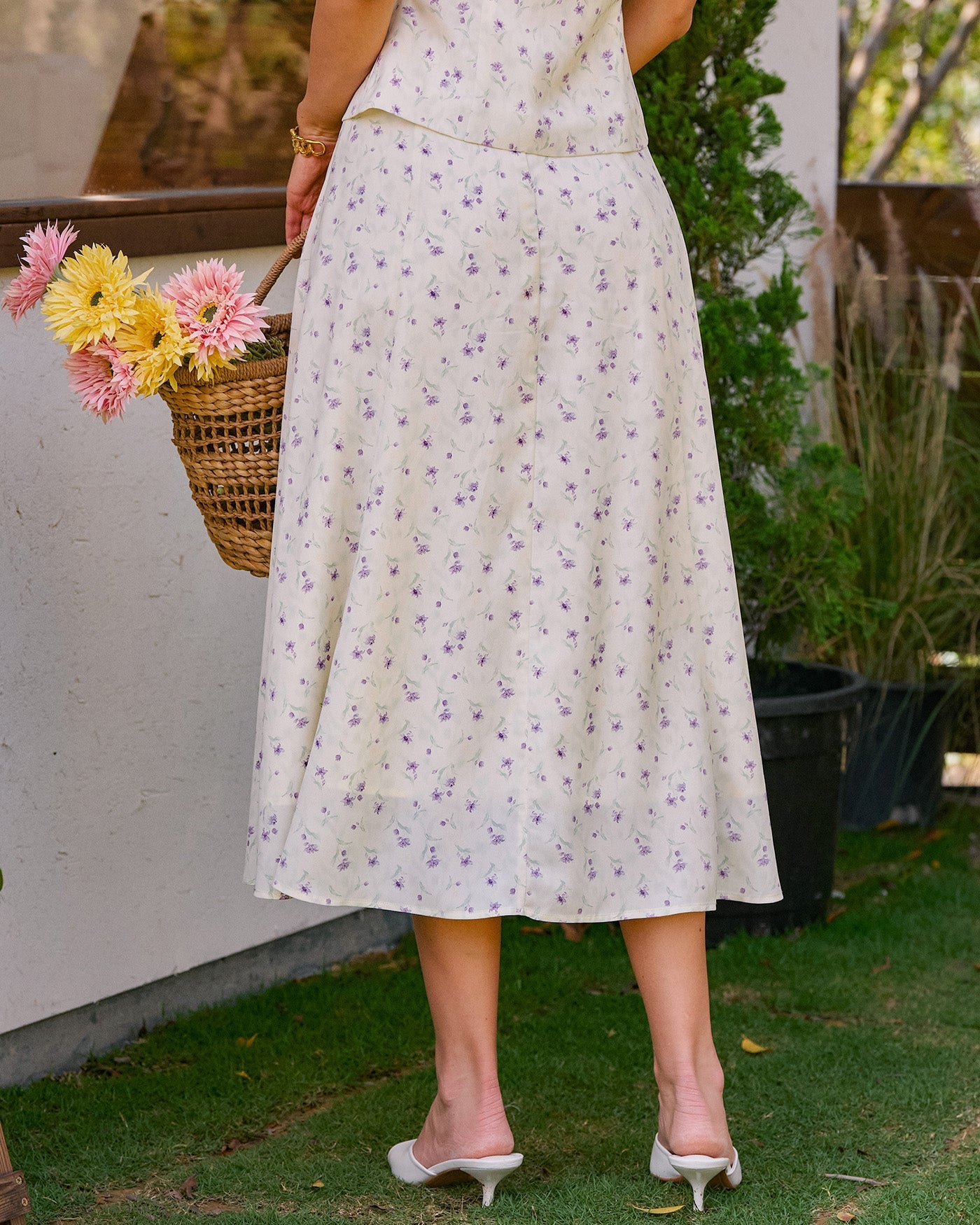 Beige Floral Slit Midi Skirt