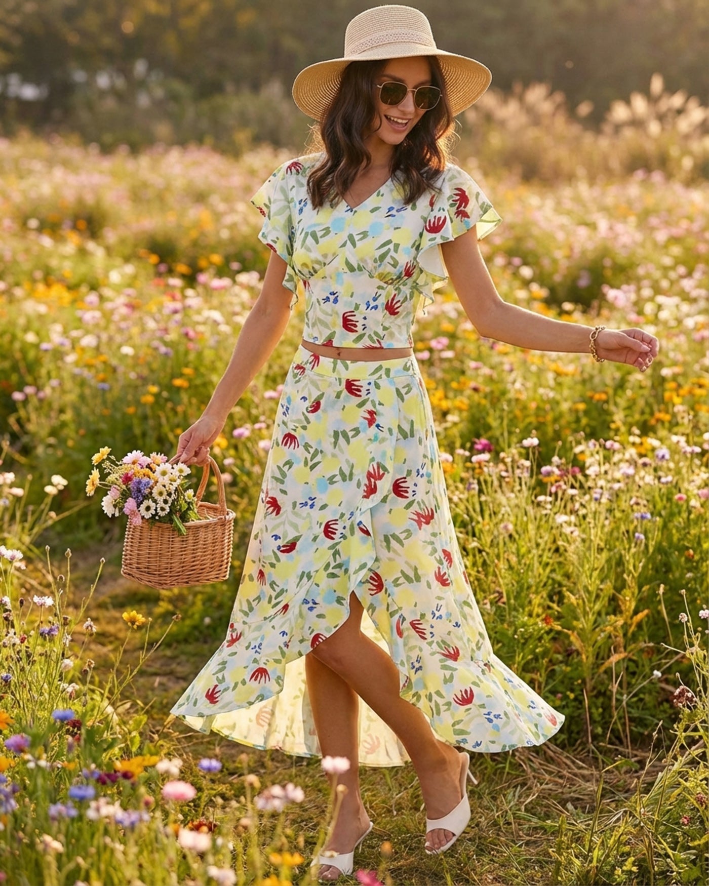 Floral Ruffle A-Line Midi Skirt