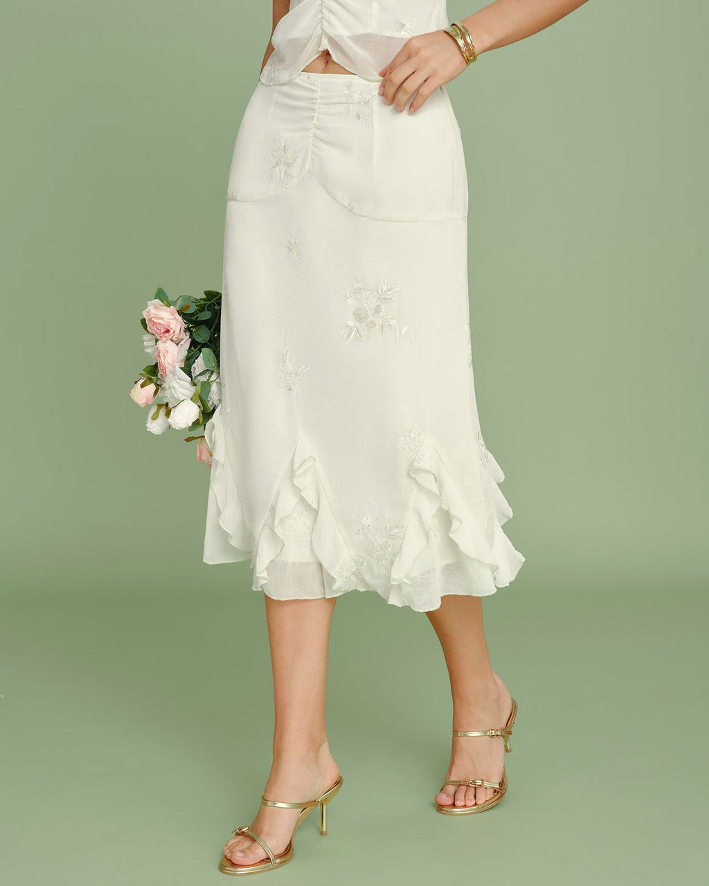 Apricot Embroidery Ruffle Midi Skirt