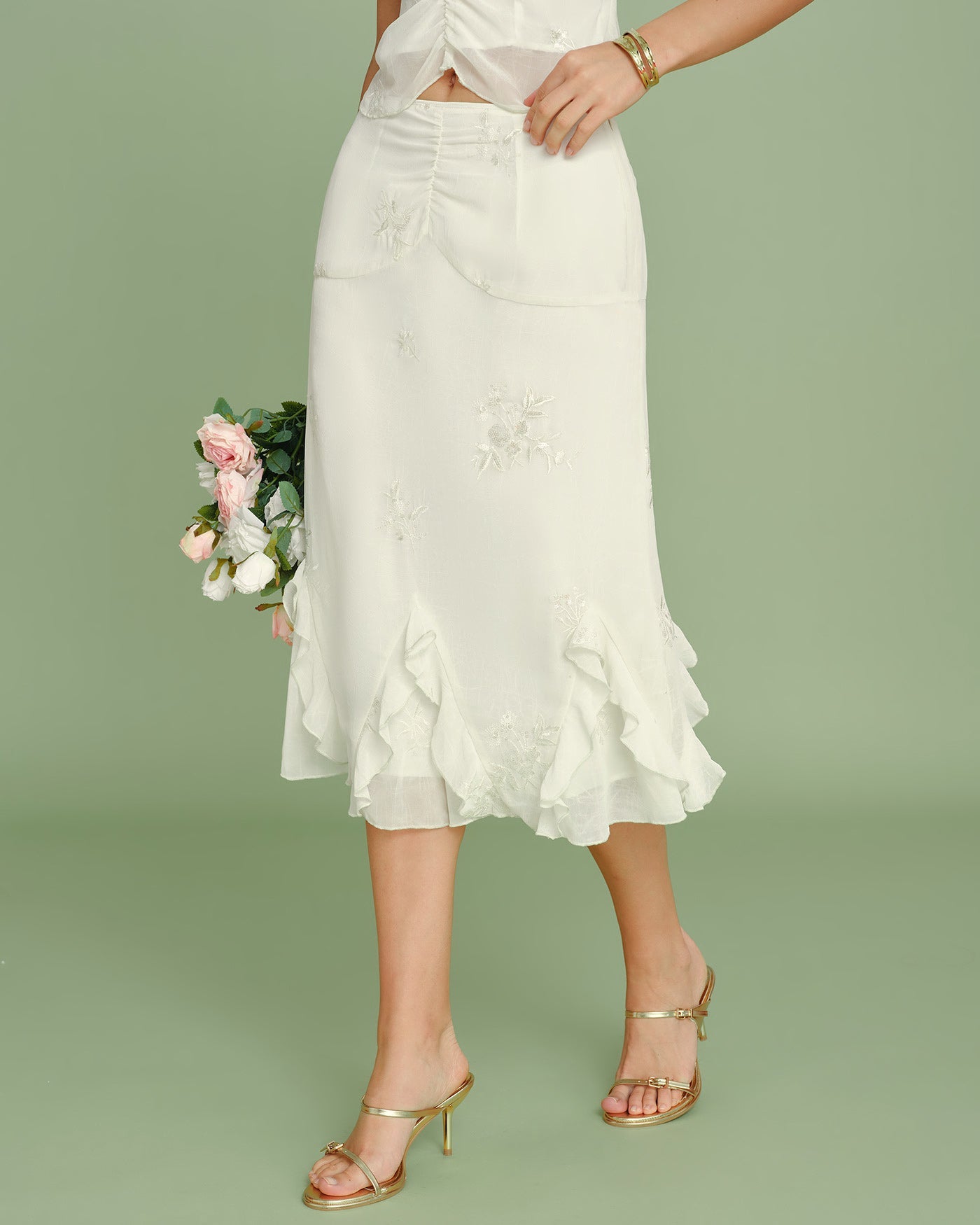 Apricot Embroidery Ruffle Midi Skirt