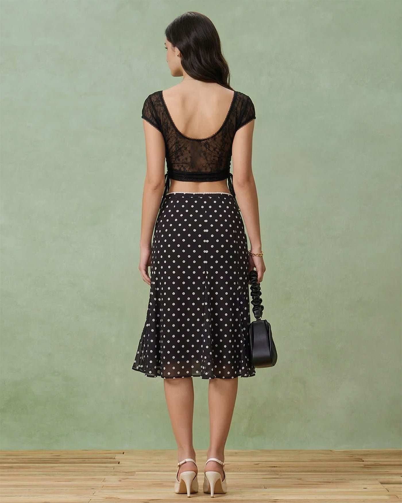 Black Polka Dot Mermaid Midi Skirt