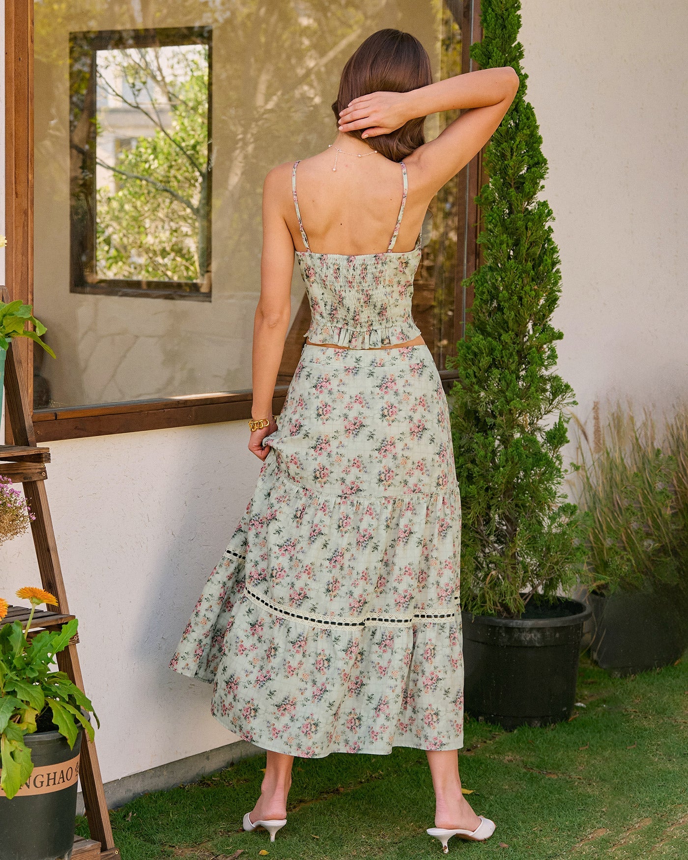 Green Floral A-Line Midi Skirt