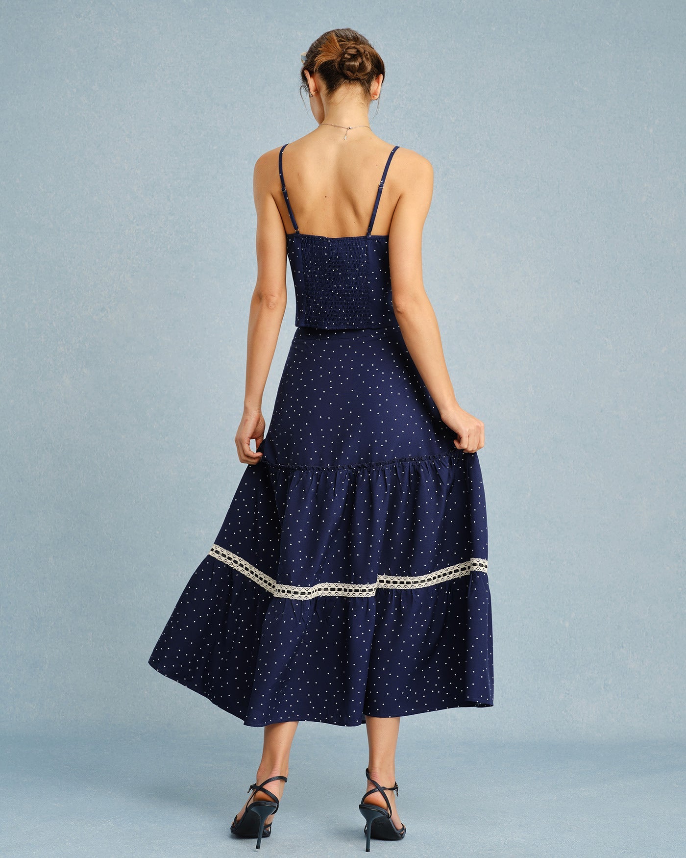 Navy Polka Dot Lace Midi Skirt