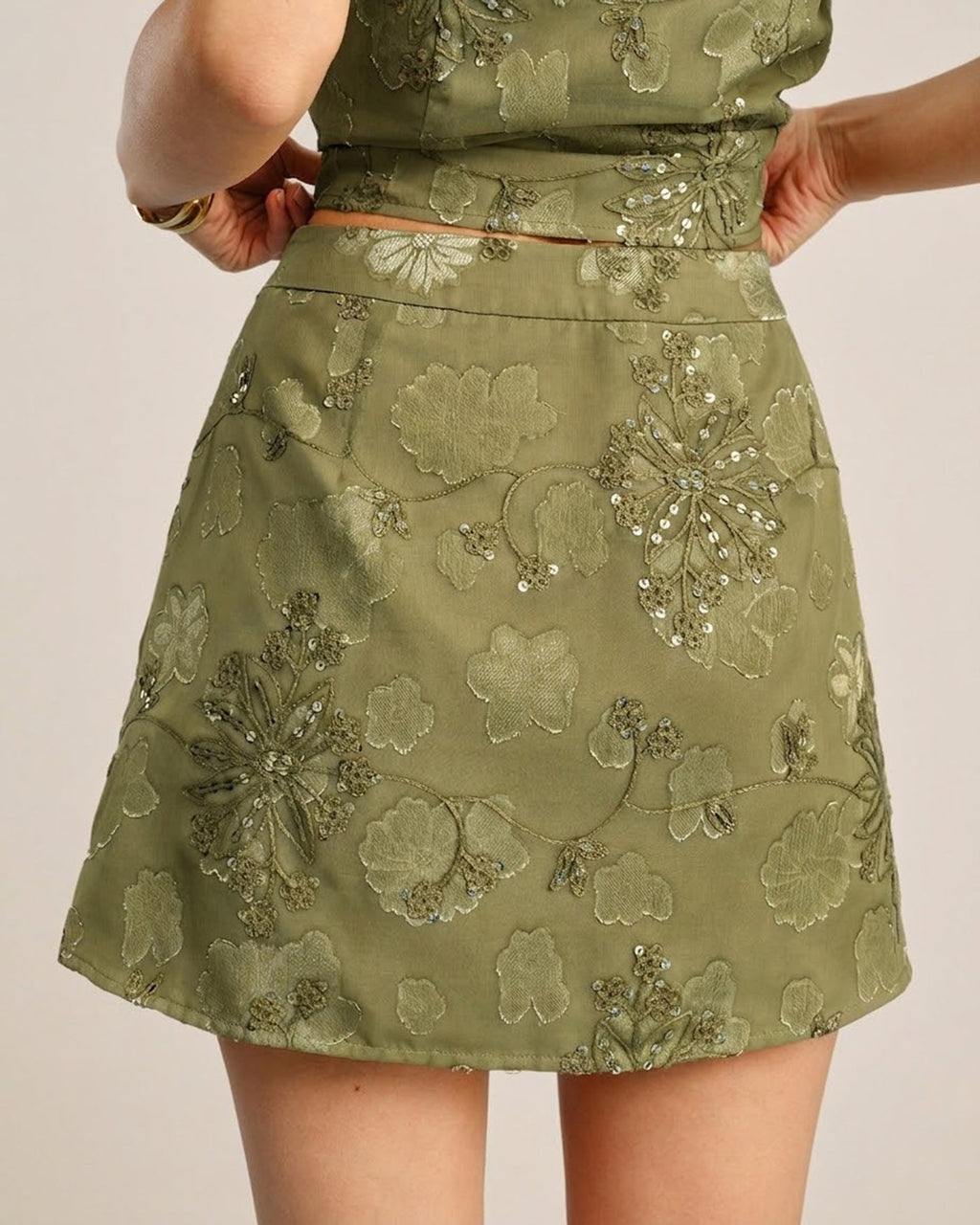 Green Jacquard Sequins Mini Skirt