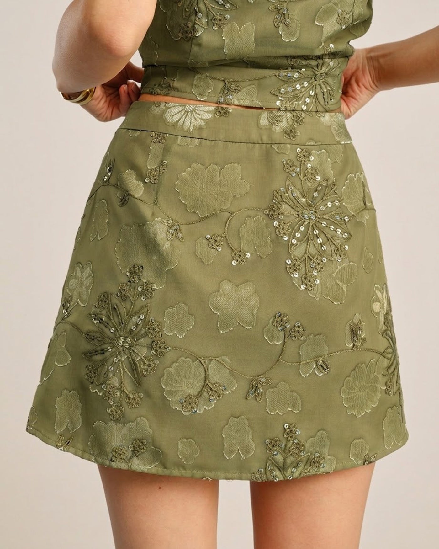 Green Jacquard Sequins Mini Skirt