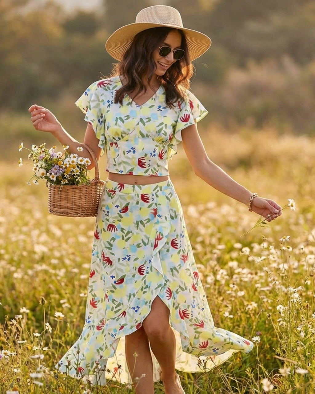 Floral Ruffle A-Line Midi Skirt