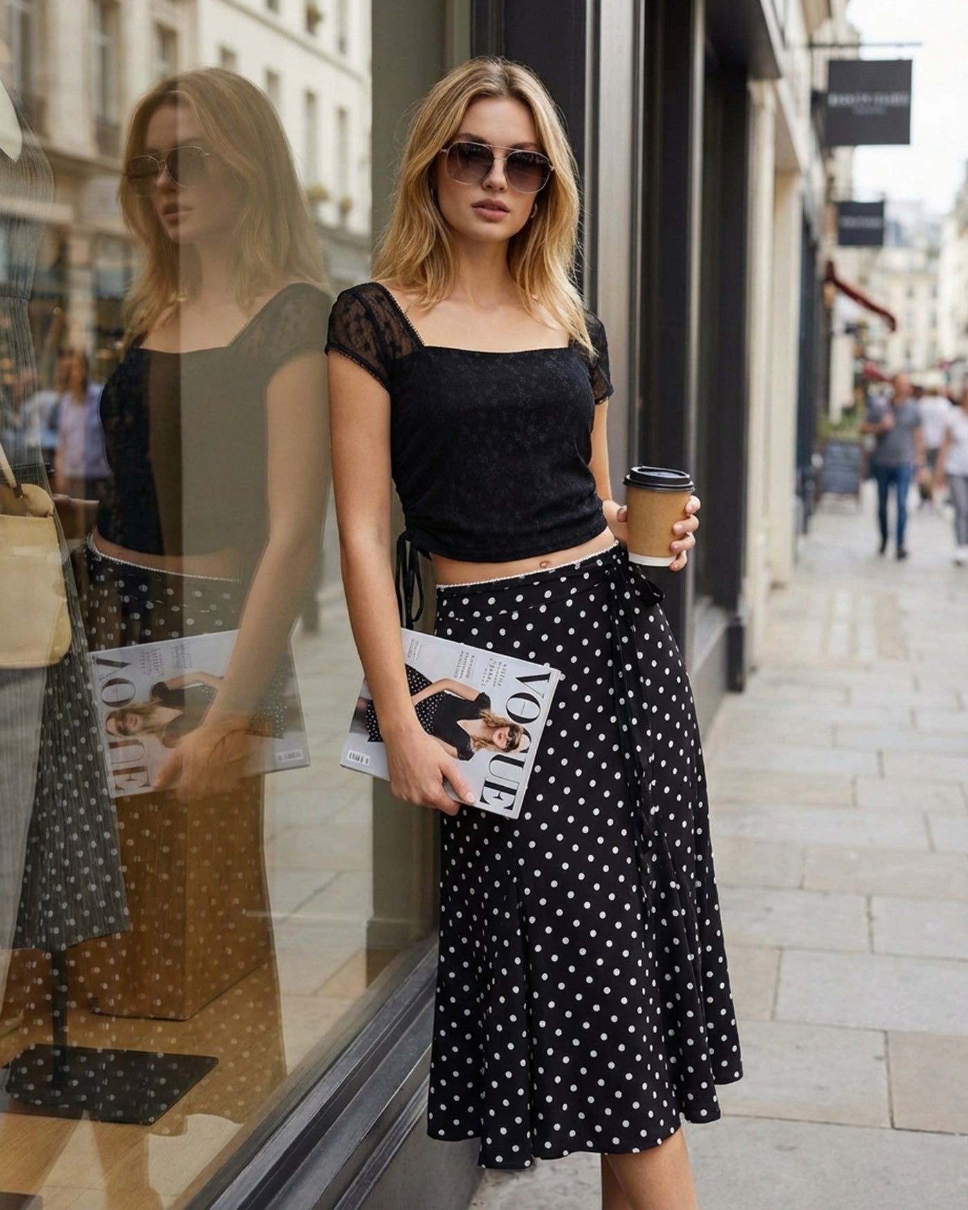 Black Polka Dot Mermaid Midi Skirt