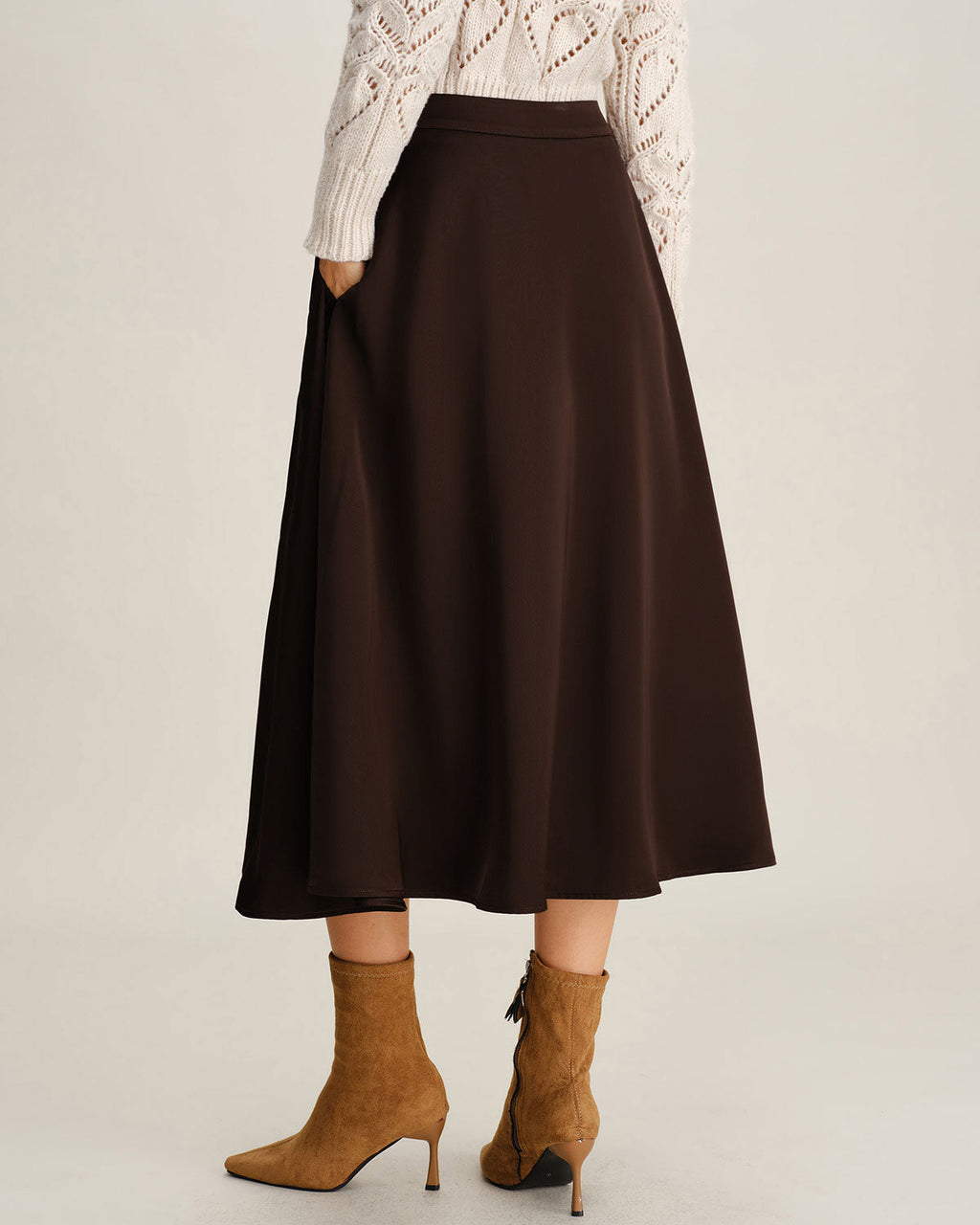 Brown A-Line Pleated Midi Skirt