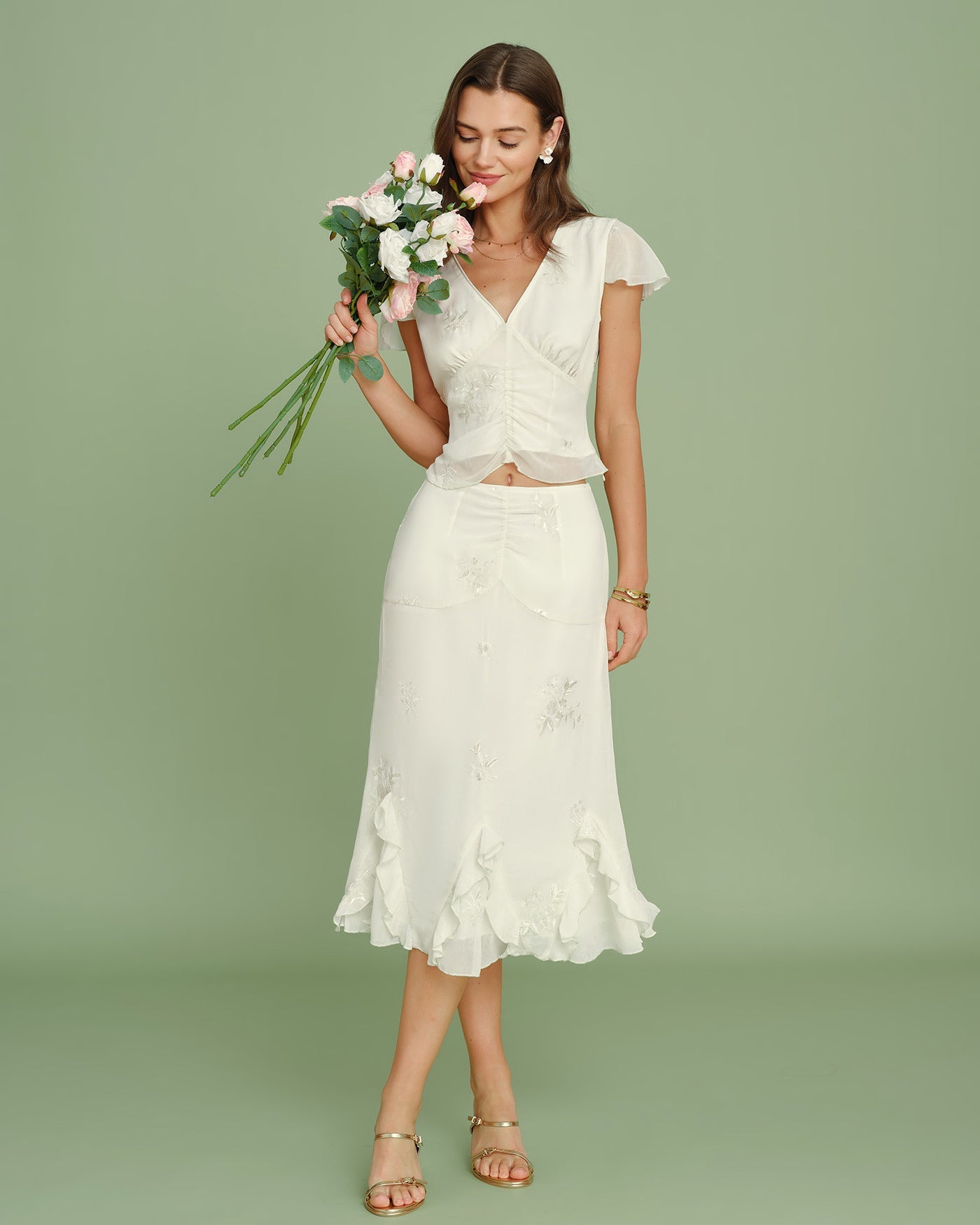 Apricot Embroidery Ruffle Midi Skirt