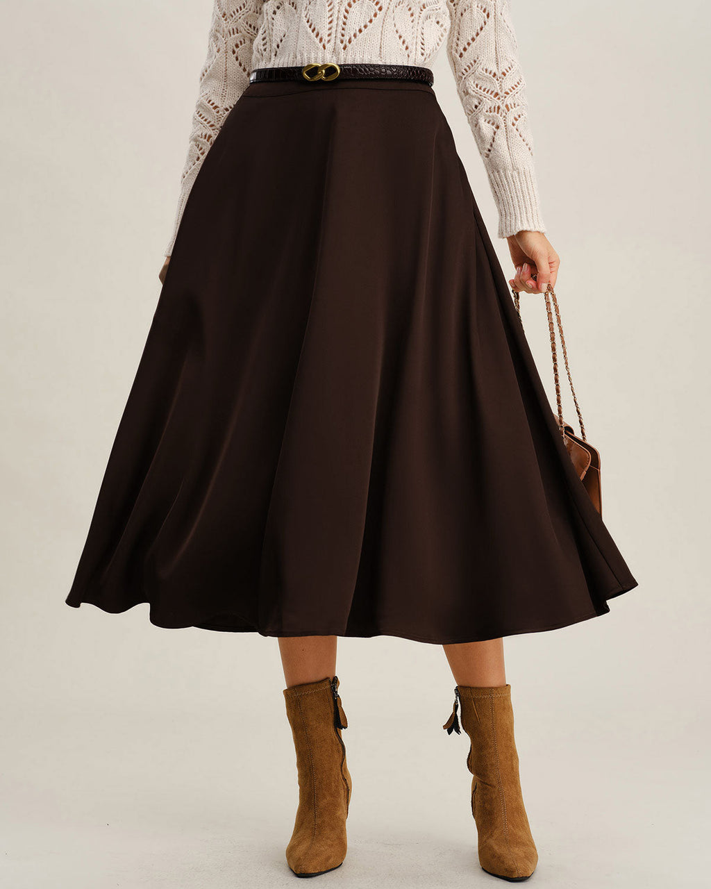 Brown A-Line Pleated Midi Skirt