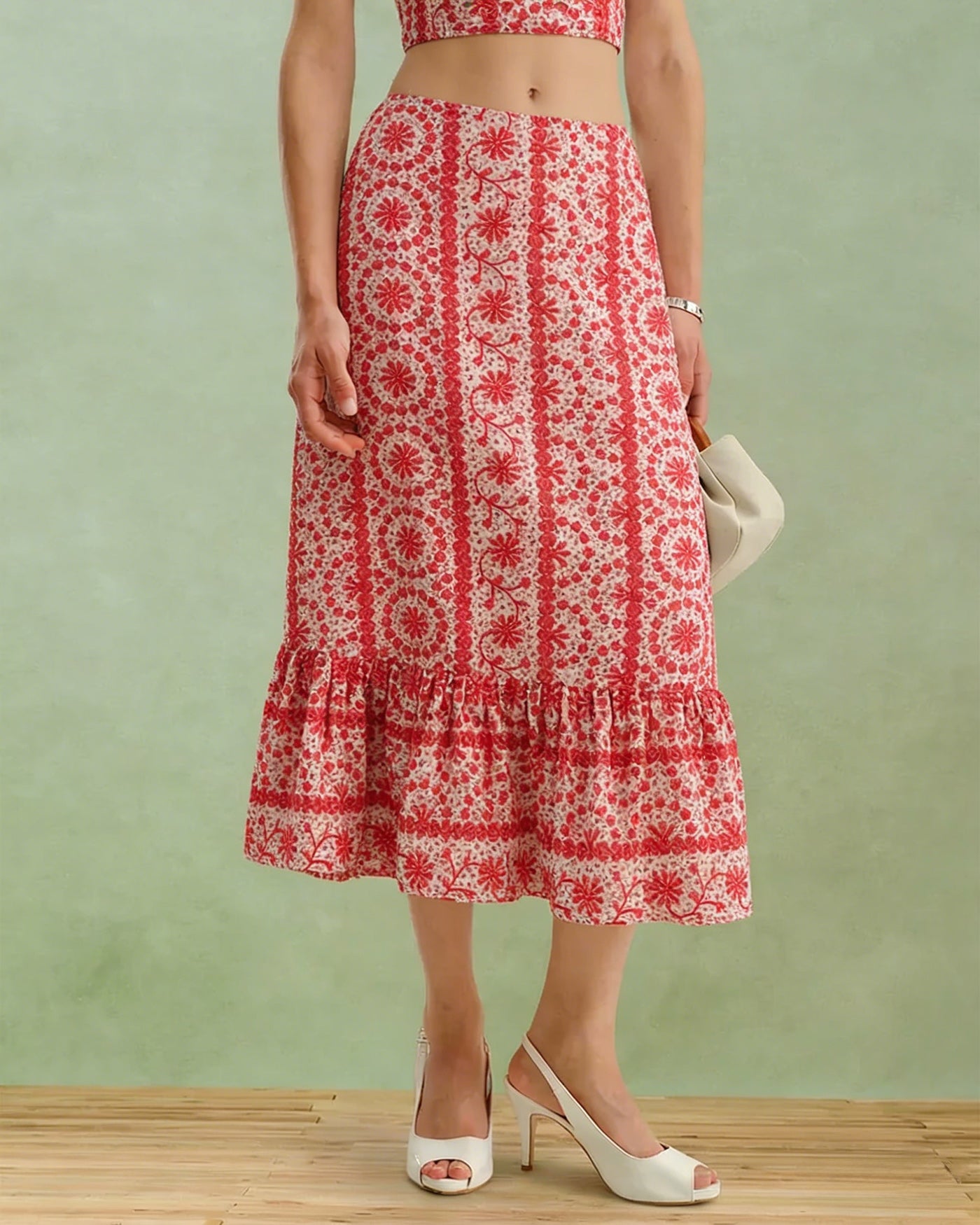 Red Floral Ruched Midi Skirt