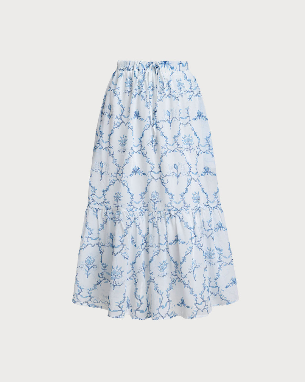 White Floral Tiered Midi Skirt