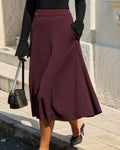 Wine Red Natural Waisted A-Line Midi Skirt