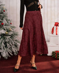 Wine Red Jacquard A-Line Midi Skirt