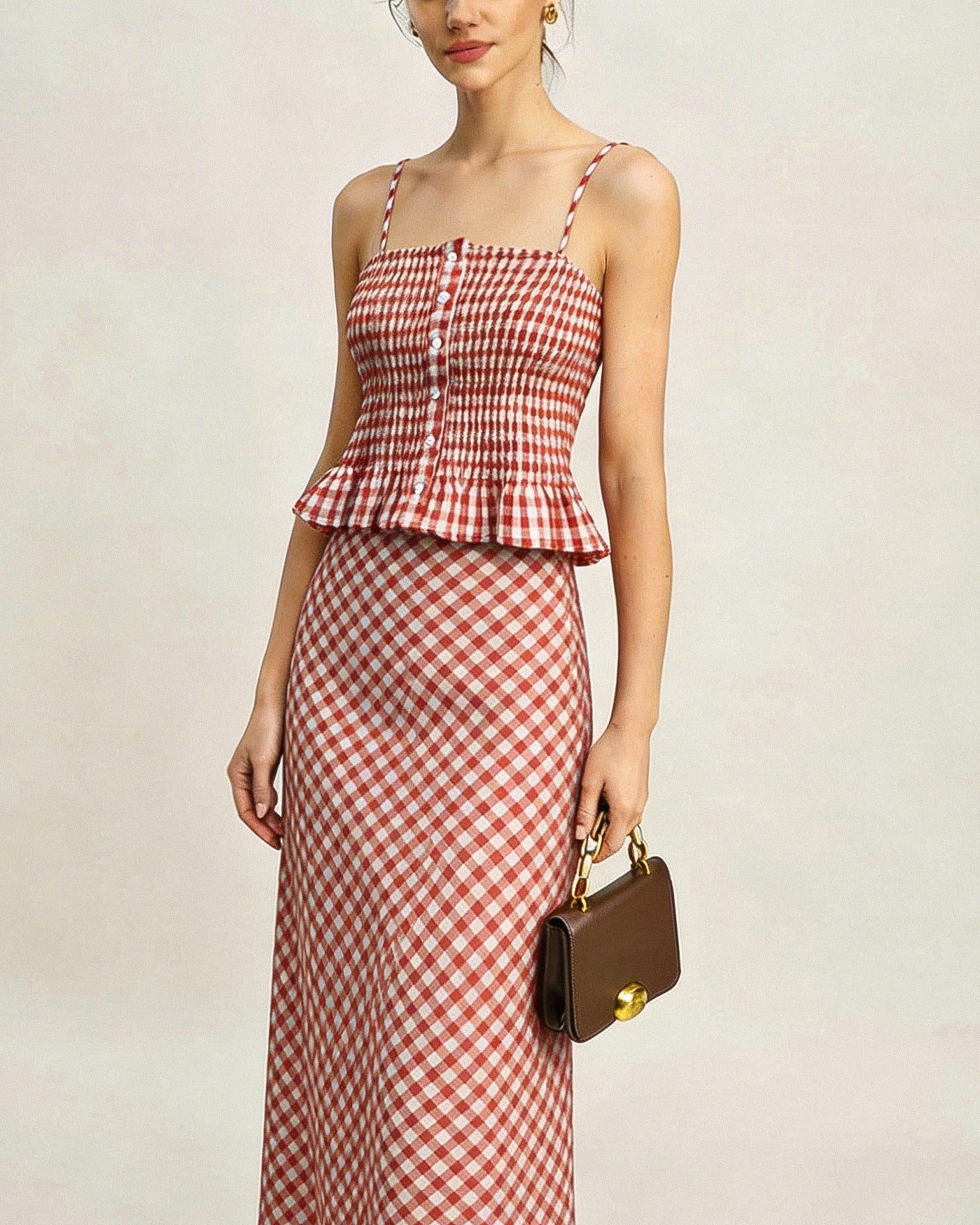 Pink Plaid Shirred Tank Top