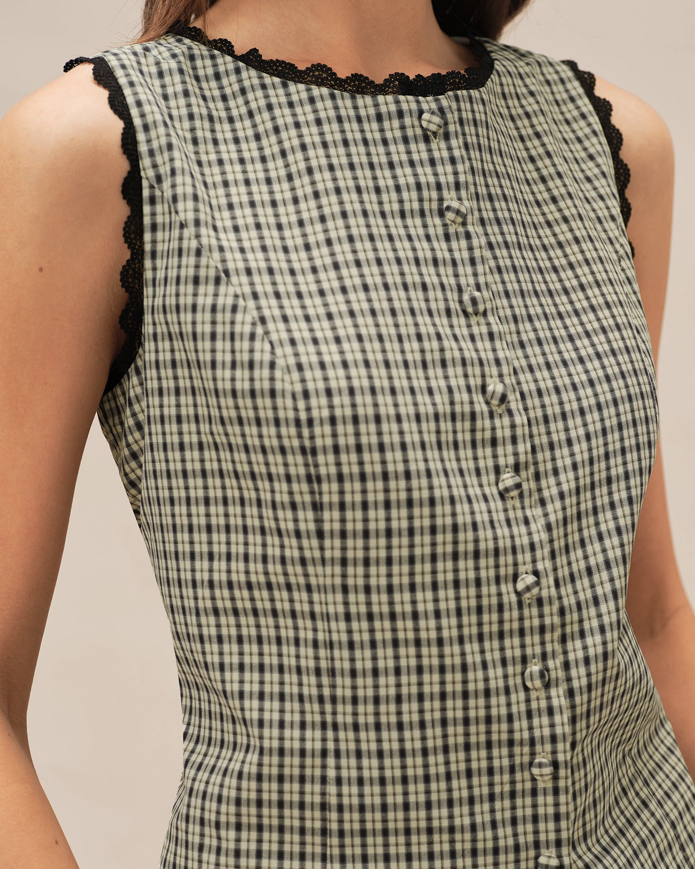 Apricot Boat Neck Plaid Tank Top