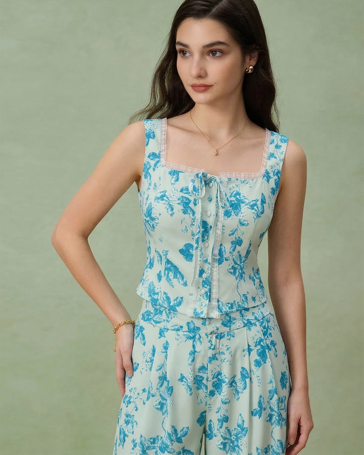 Blue Floral Square Tank Top