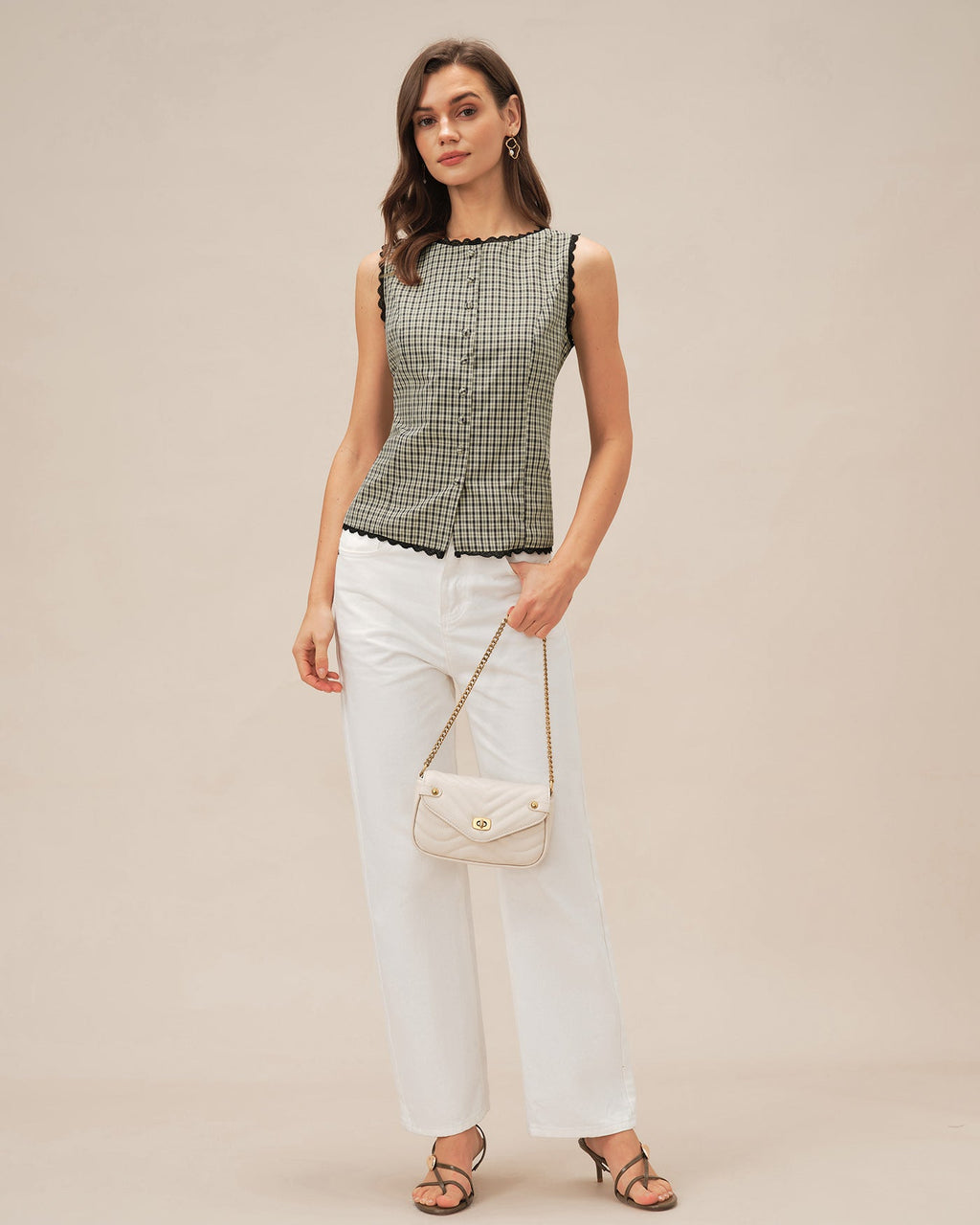 Apricot Boat Neck Plaid Tank Top