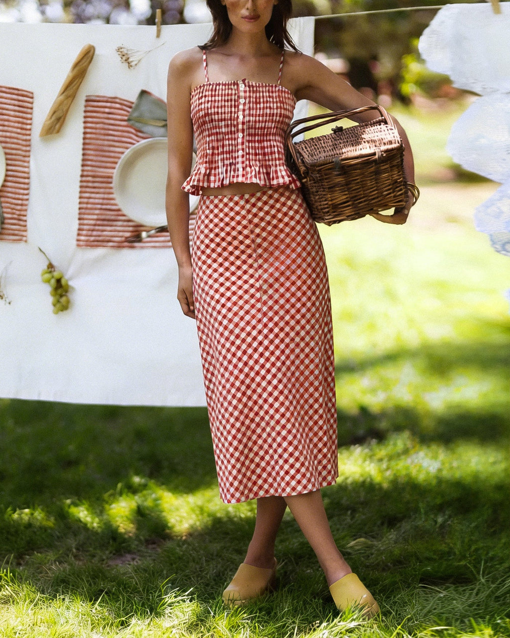 Pink Plaid Shirred Tank Top