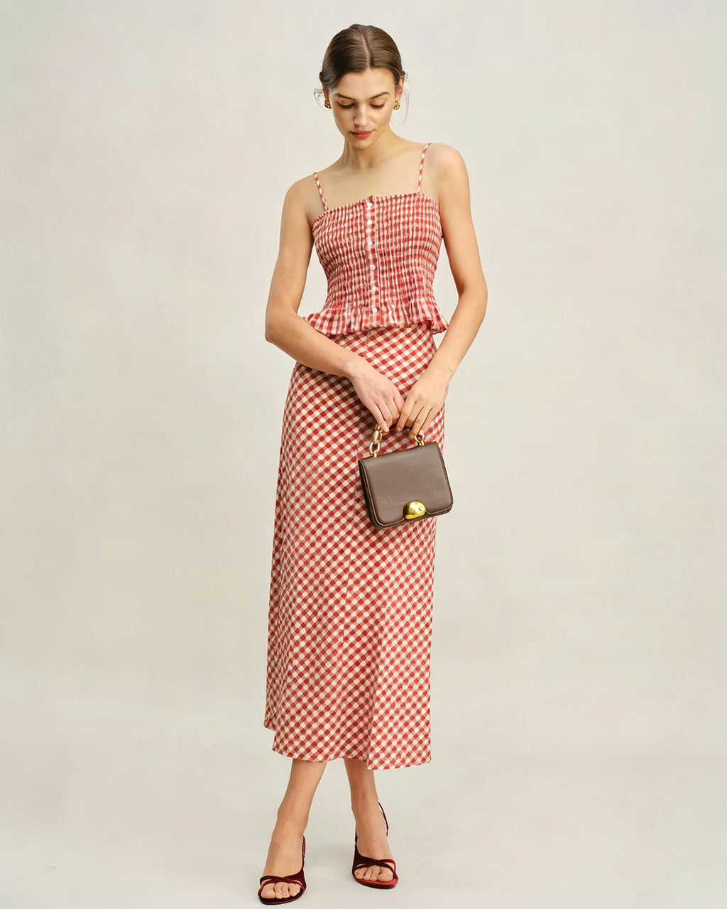 Pink Plaid Shirred Tank Top