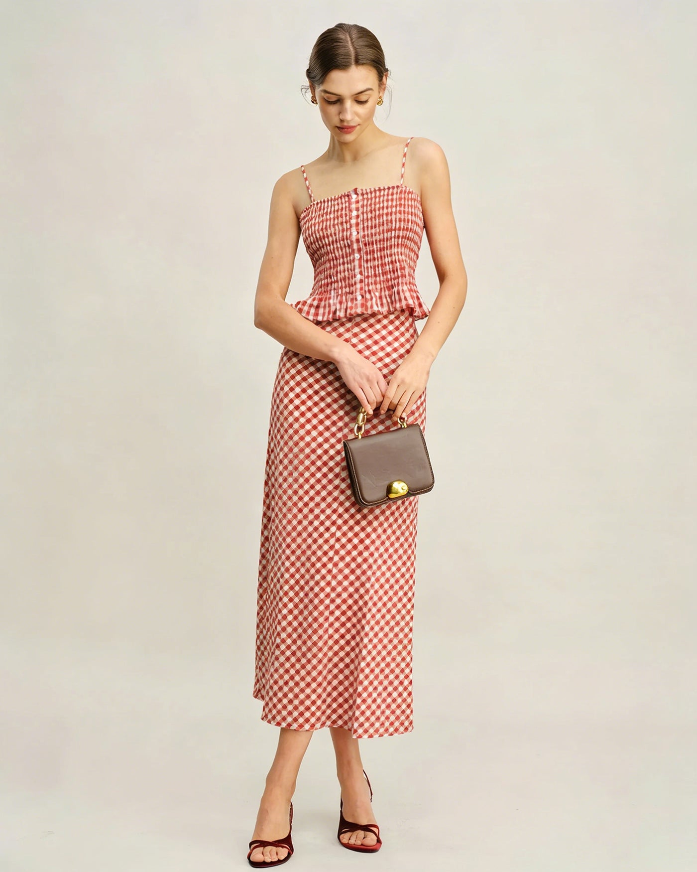 Pink Plaid Shirred Tank Top