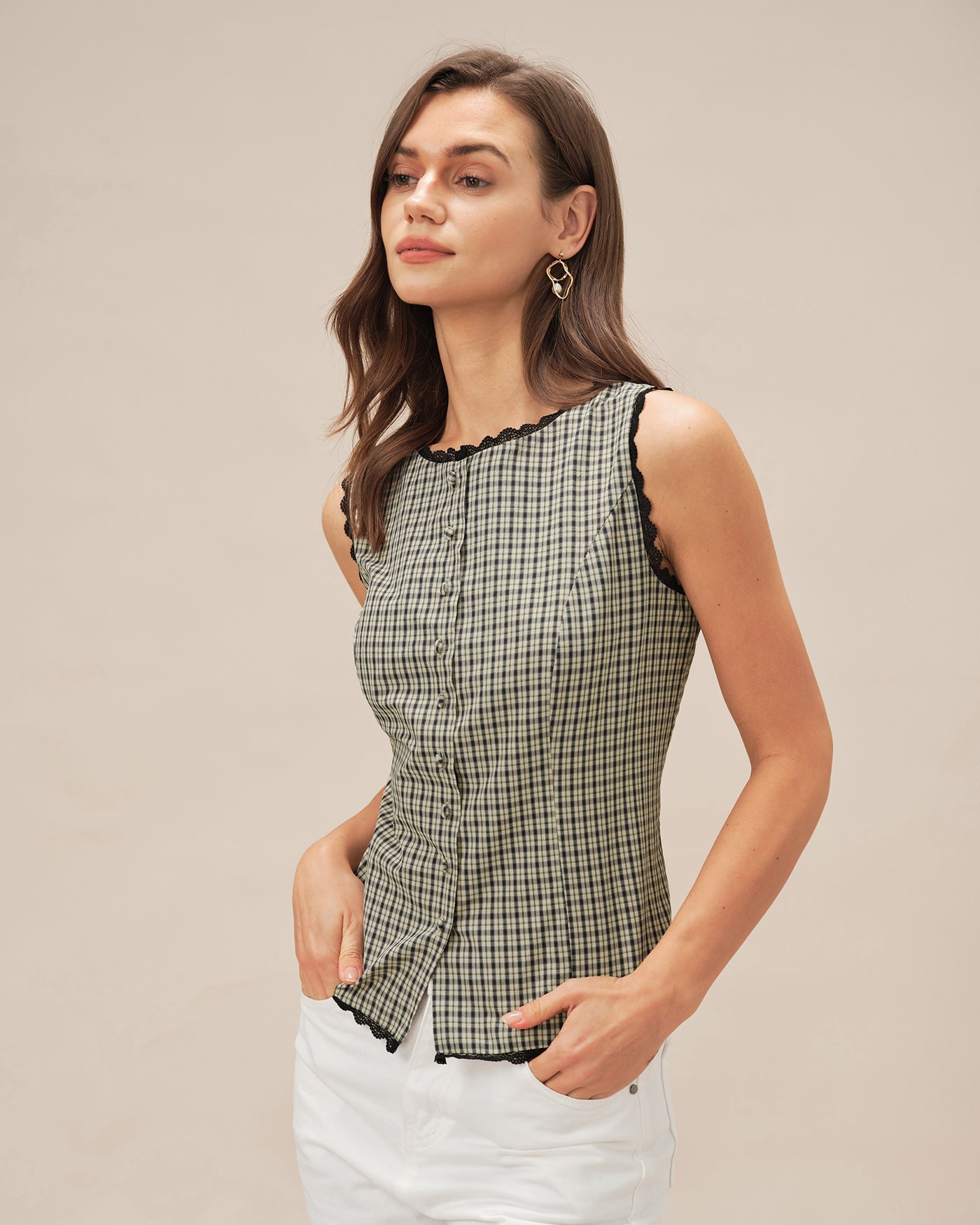 Apricot Boat Neck Plaid Tank Top