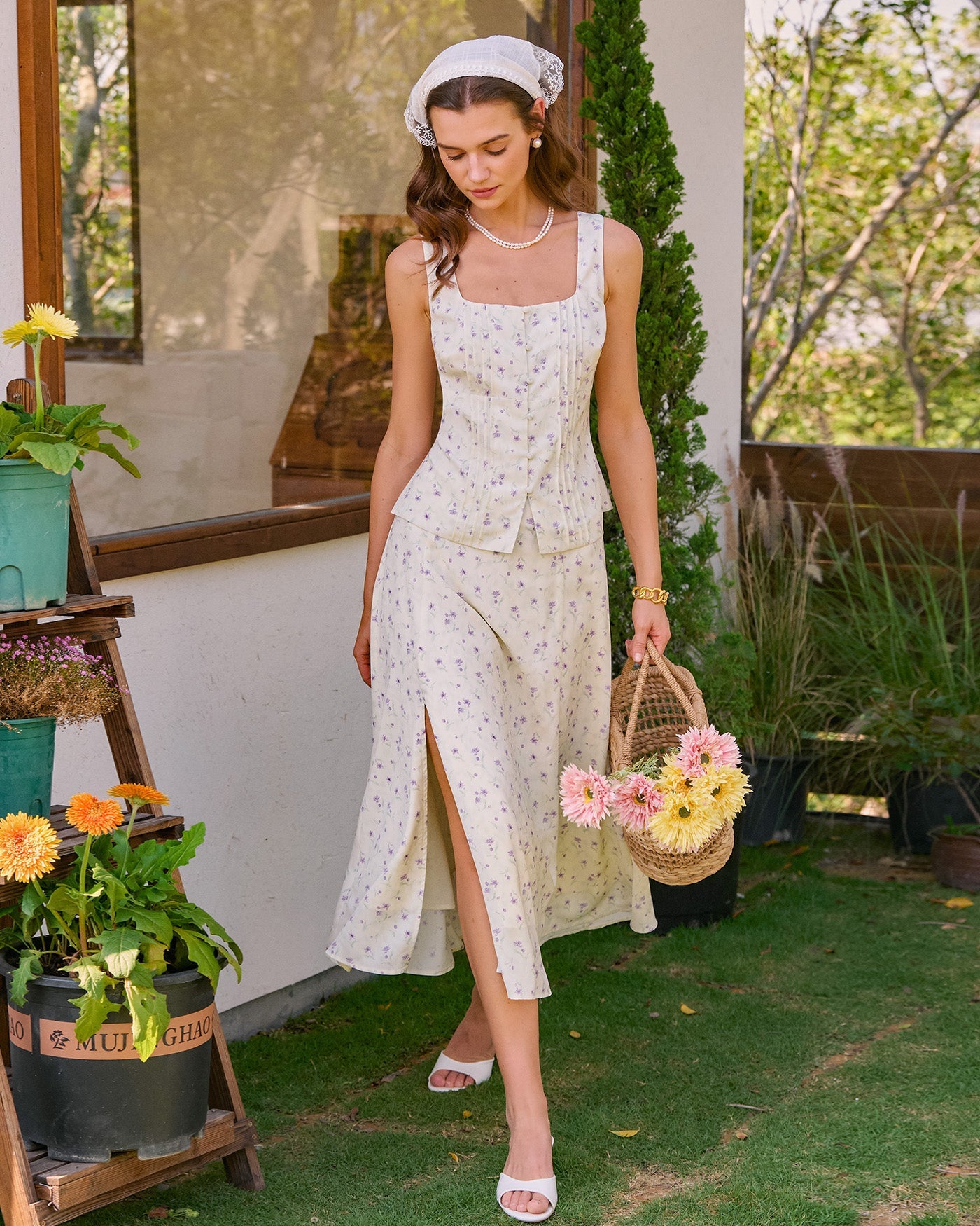 Beige Square Neck Floral Tank Top