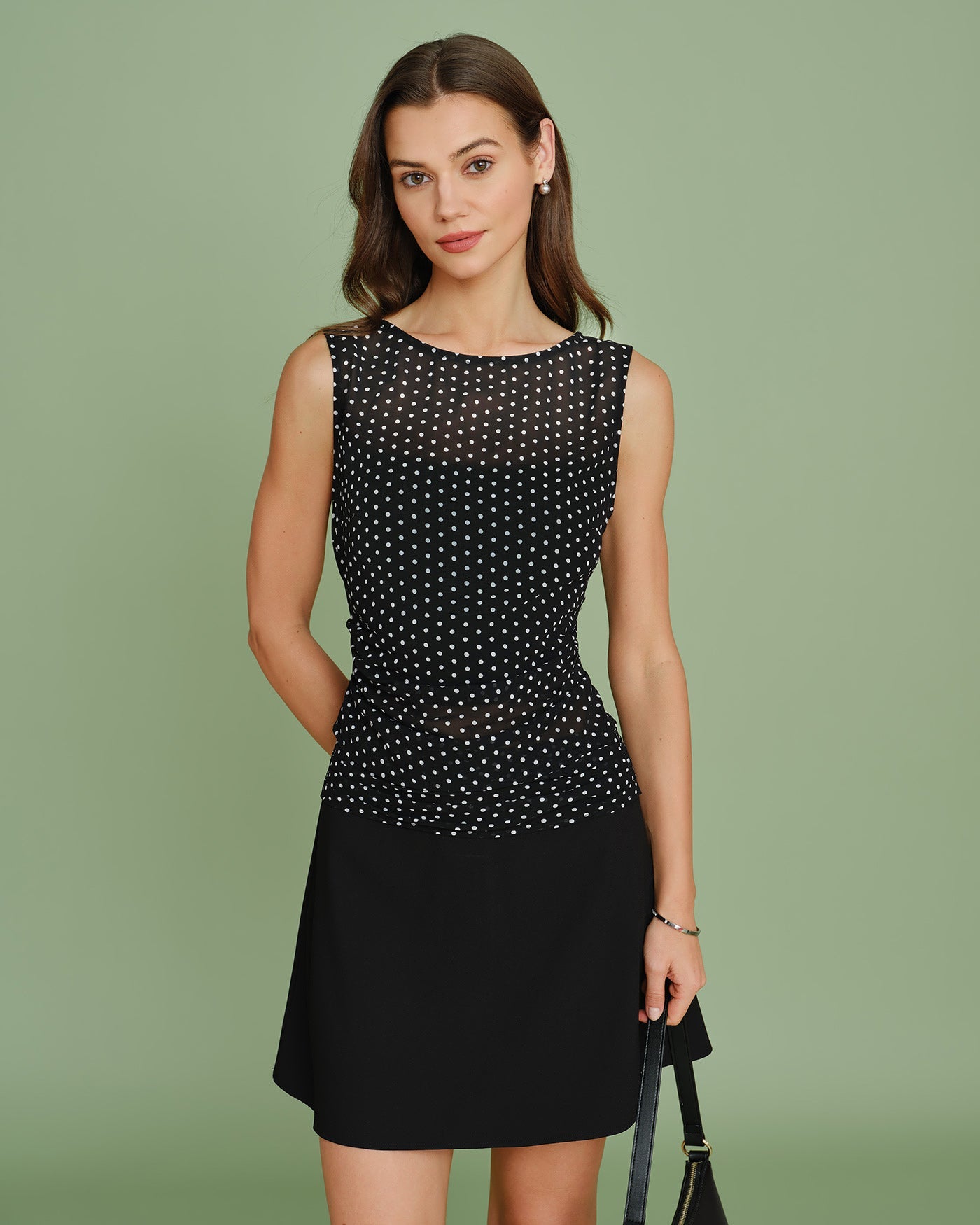 Black Boat Neck Polka Dot Tank Top