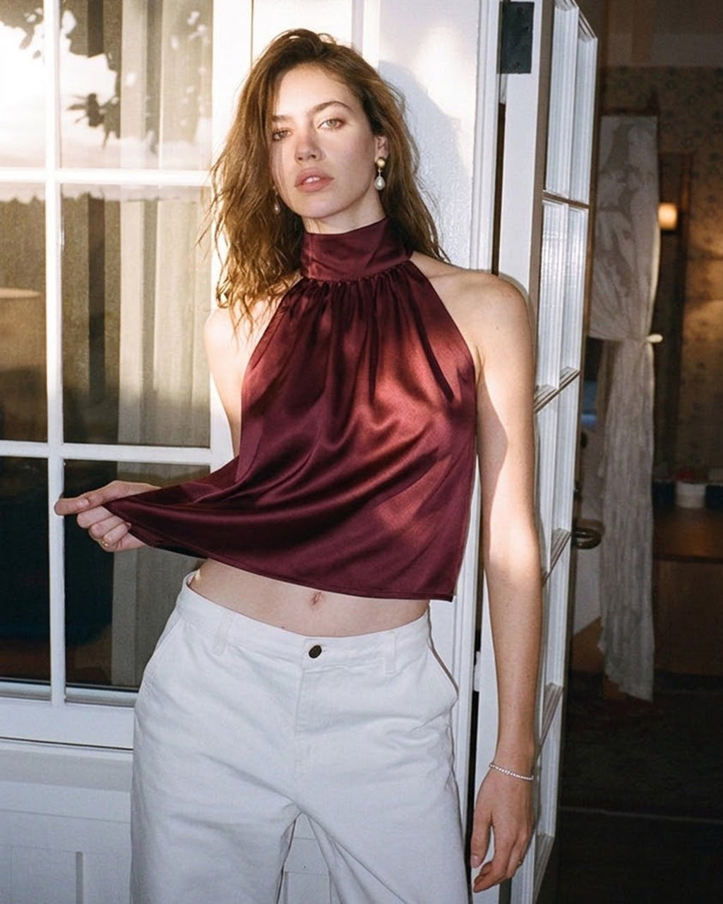 Wine Red Turtle Bowknot Satin Tank Top