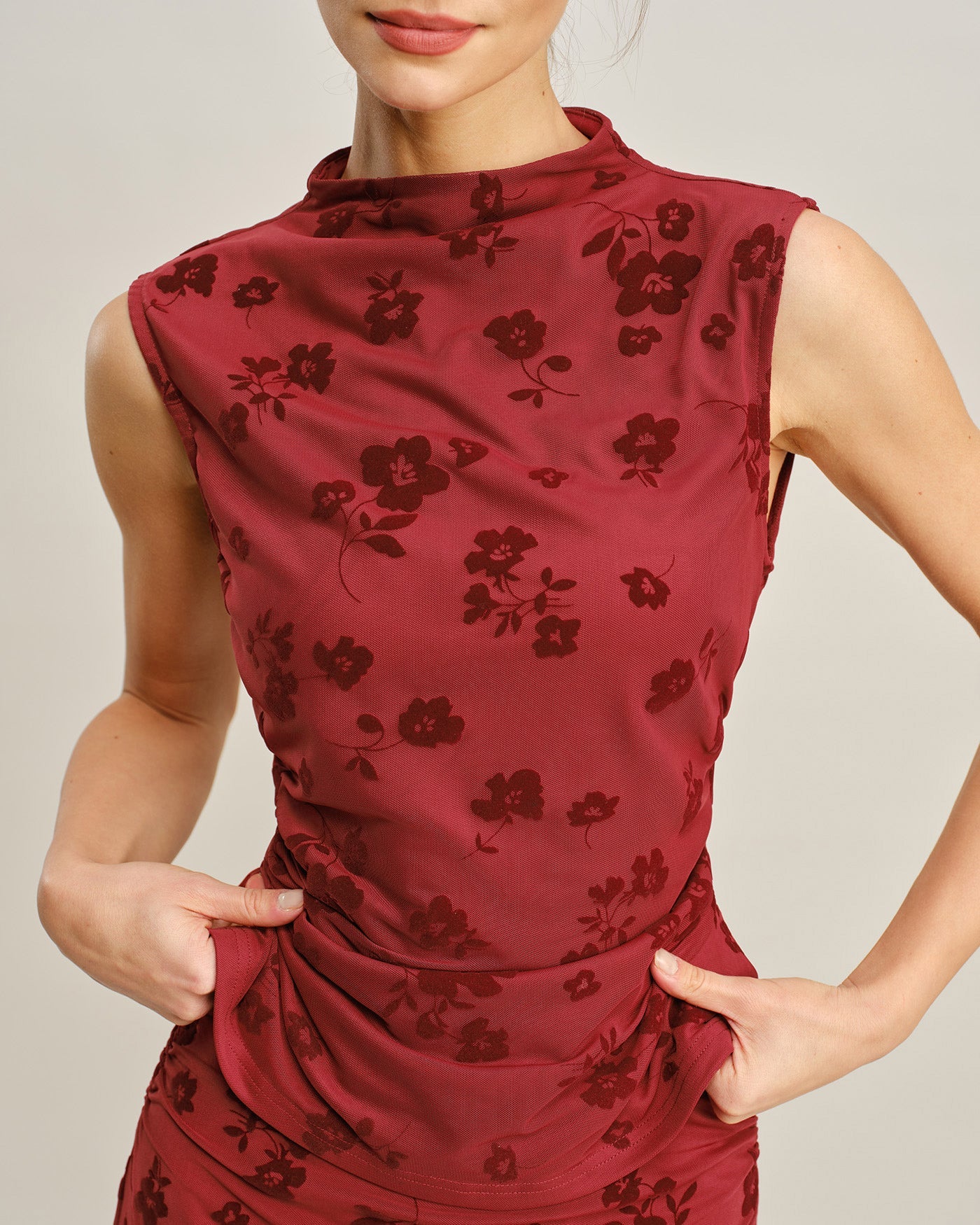 Red Mock Neck Floral Tank Top
