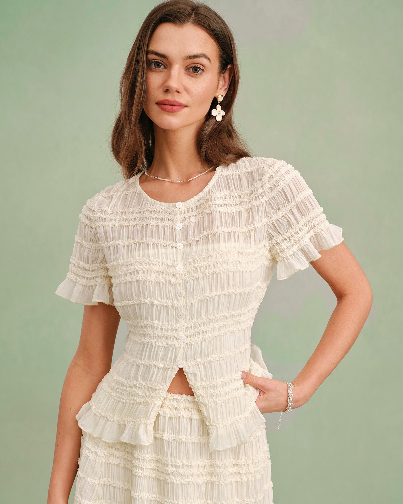 Apricot Boat Neck Shirred Tee
