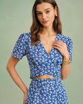 Blue V Neck Floral Tee