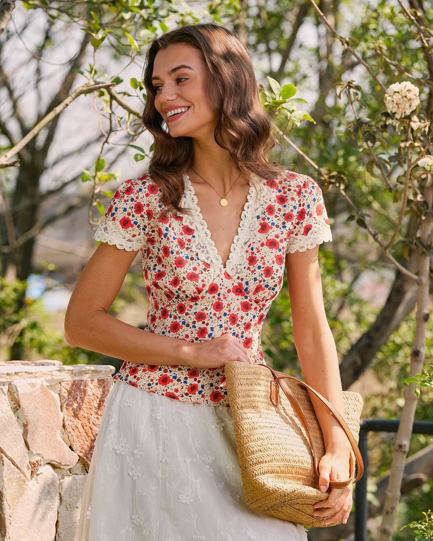 Red V Neck Lace Floral Tee