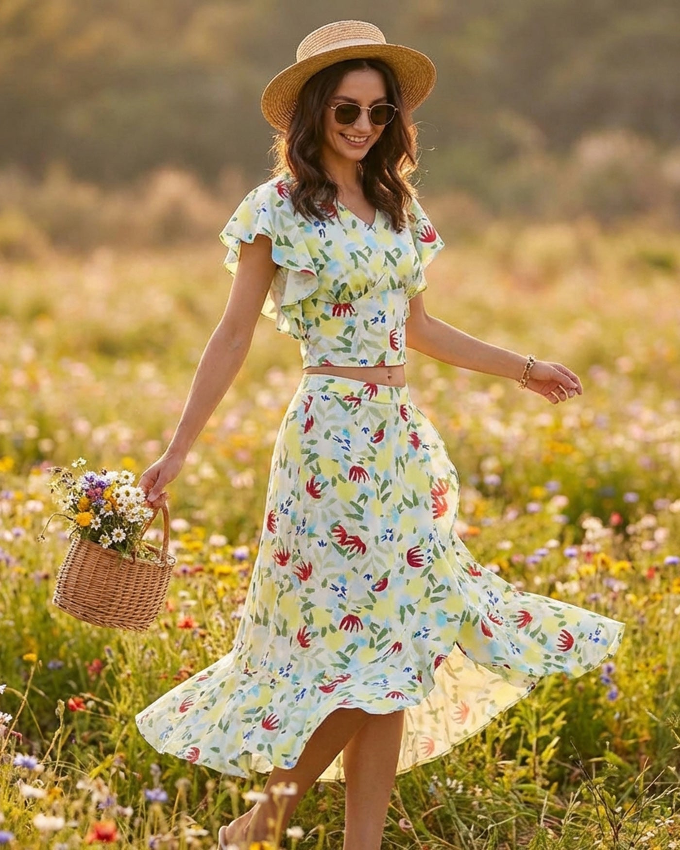 Floral V Neck Ruffle Tee