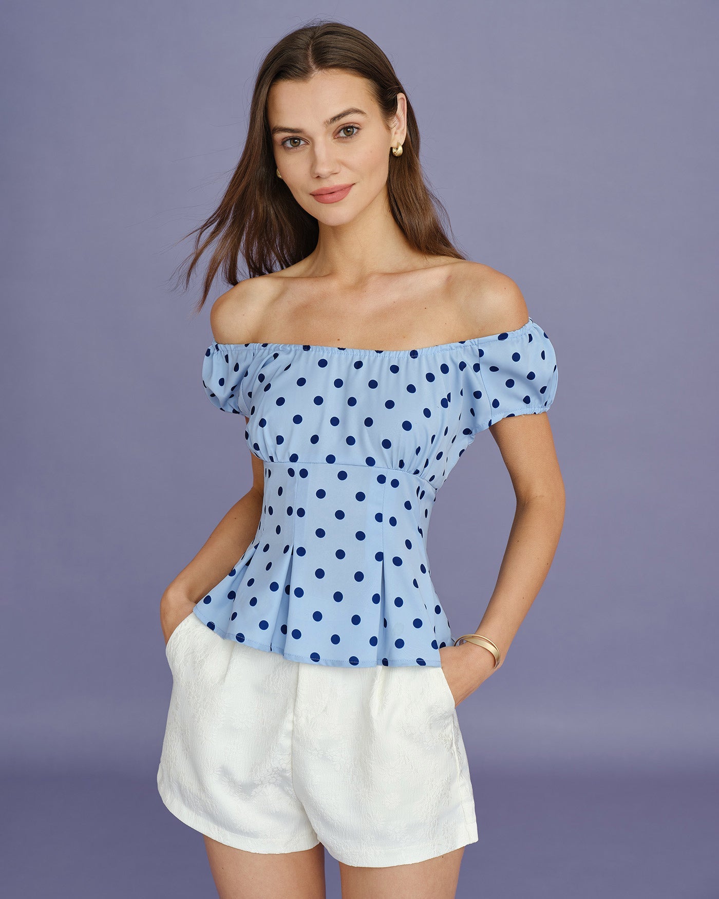 Blue U Neck Polka Dot Tee