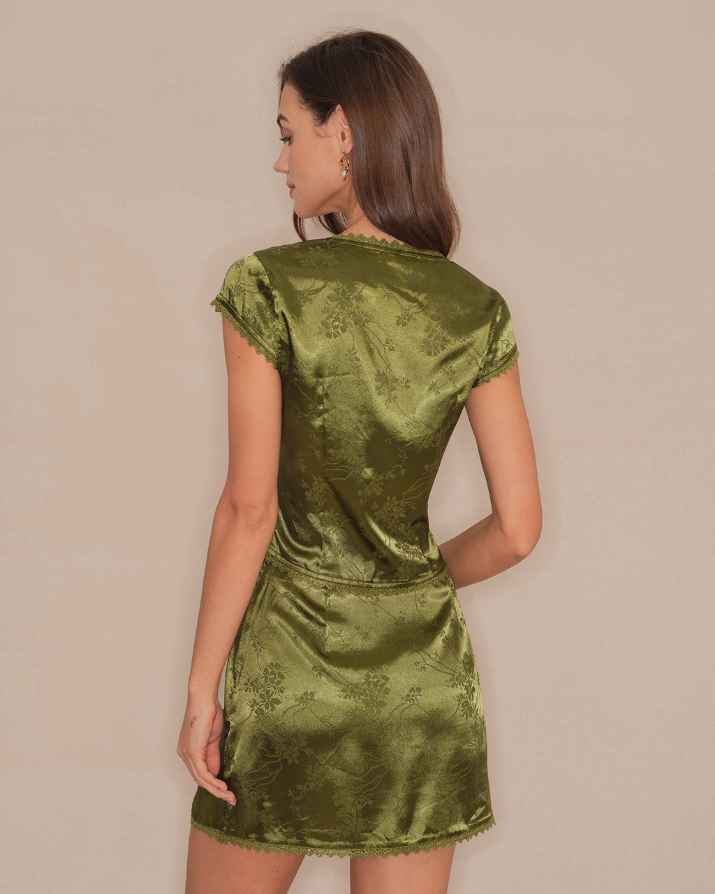 Green V Neck Floral Satin Tee
