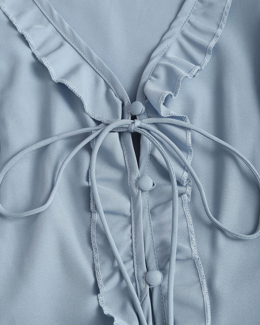 Blue Ruffle V Neck Button Blouse