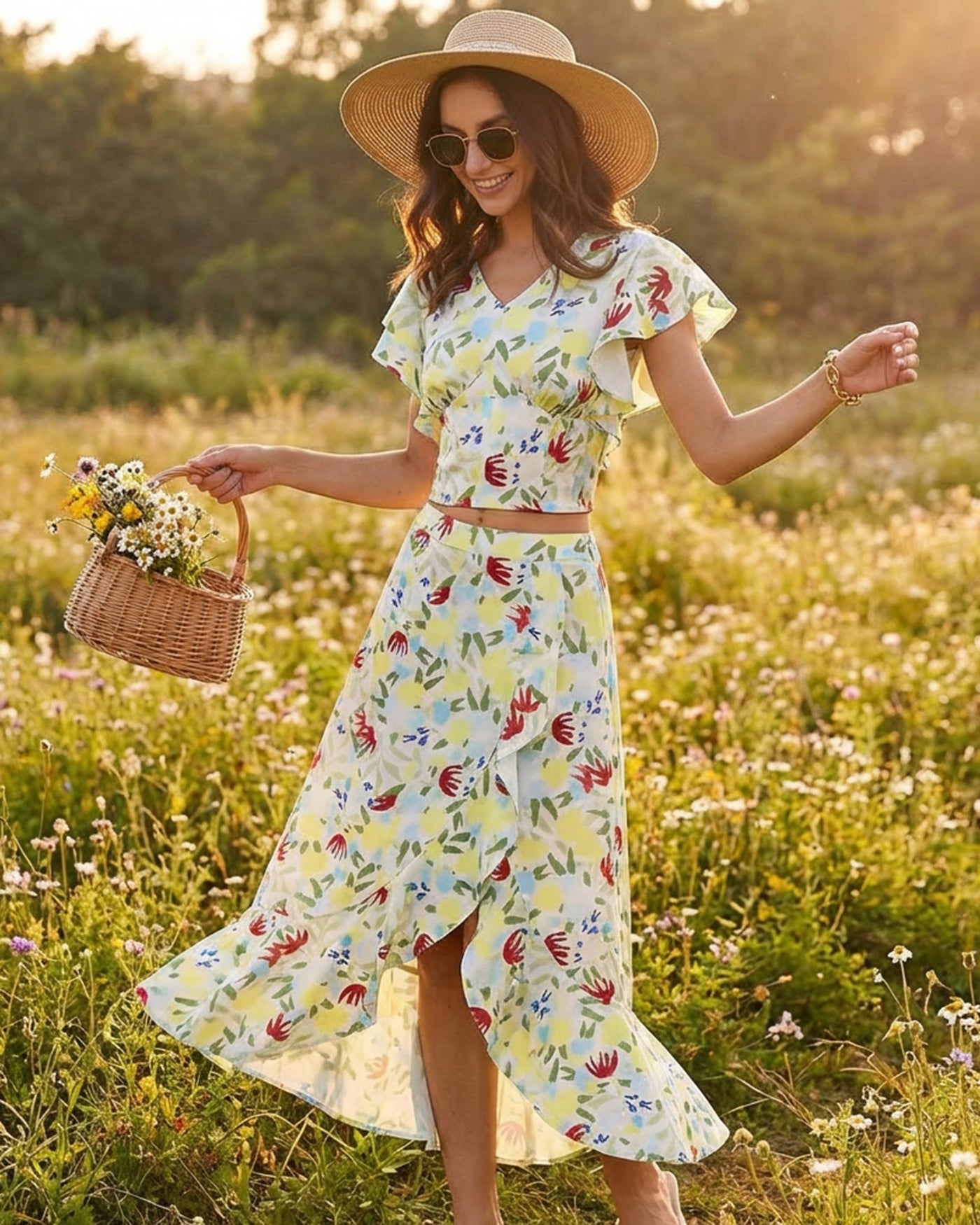 Floral V Neck Ruffle Tee
